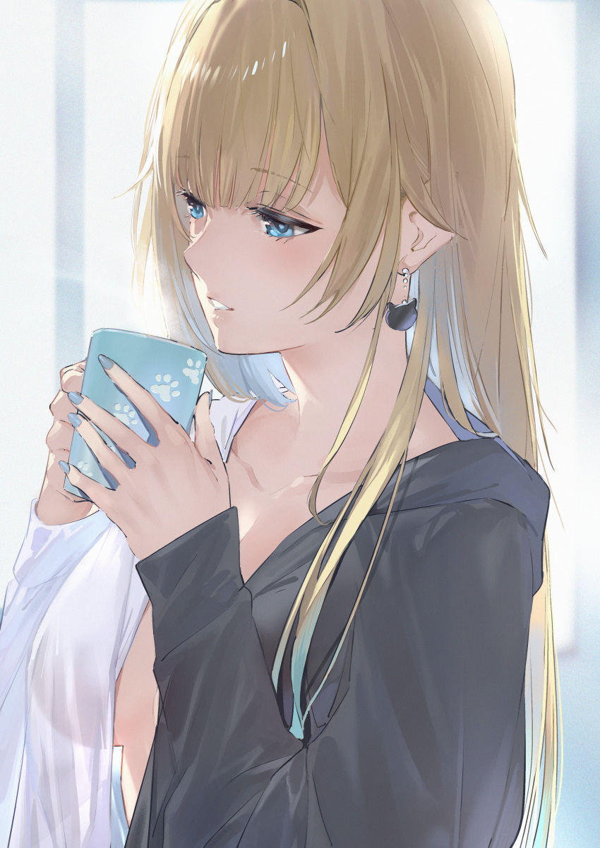 1girl absurdres aizawa_ema blonde_hair bloom blue_eyes blue_nails blunt_bangs breasts cat_earrings collarbone cup ga/ddd green_hair grey_hoodie hair_flaps highres holding holding_cup hood hood_down hoodie large_breasts long_sleeves looking_to_the_side mug open_clothes open_hoodie parted_lips paw_print shirt sidelocks solo steam two-sided_hoodie two-tone_hoodie virtual_youtuber vspo! white_hoodie window