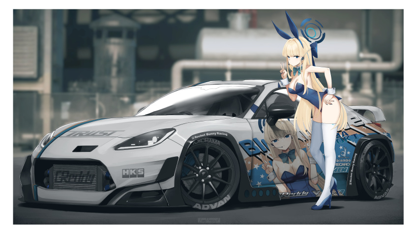 1girl absurdres animal_ears blonde_hair blue_archive blue_bow blue_eyes blue_hairband blue_leotard blue_nails border bow breasts car earpiece fake_animal_ears full_body hairband halo hand_on_own_hip high_heels highres itasha jun_project leaning_forward leotard long_hair microphone motor_vehicle official_alternate_costume official_alternate_hairstyle playboy_bunny rabbit_ears sports_car thighhighs toki_(blue_archive) toki_(bunny)_(blue_archive) v very_long_hair white_border white_thighhighs wrist_cuffs