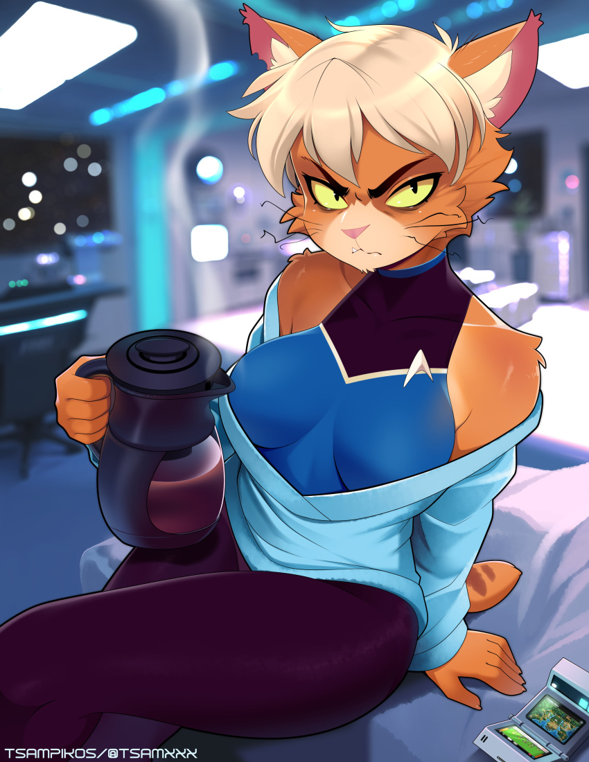 2023 5_fingers absurd_res anthro beverage blonde_hair blurred_background breasts caitian clothed clothing coffee dr._t'ana felid female fingers hair hi_res holding_beverage holding_object inner_ear_fluff inside looking_at_viewer mammal medium_breasts pink_nose short_hair solo star_trek star_trek_lower_decks tail tsampikos tuft whiskers yellow_sclera