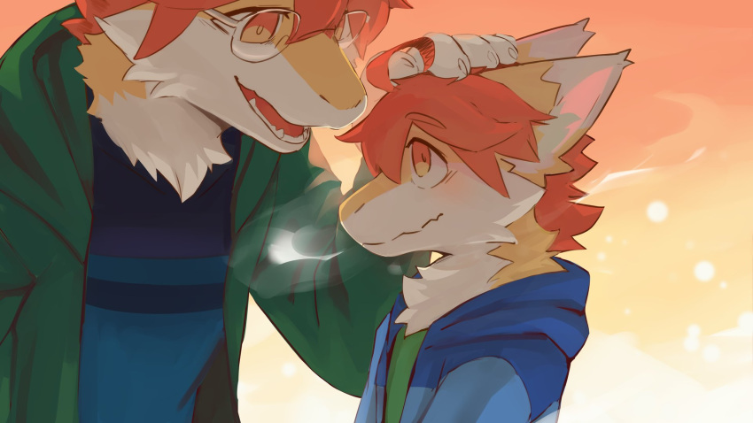 16:9 anthro blue_clothing blue_jacket blue_topwear cheek_tuft clothed clothing dragon duo eye_contact eyewear facial_tuft fur furred_dragon glasses green_clothing green_jacket green_topwear hair head_pat hi_res jacket kutto kuttoyaki looking_at_another male neck_tuft open_mouth orange_eyes orange_hair simple_background topwear tuft wearing_glasses white_body white_fur widescreen yellow_body yellow_fur