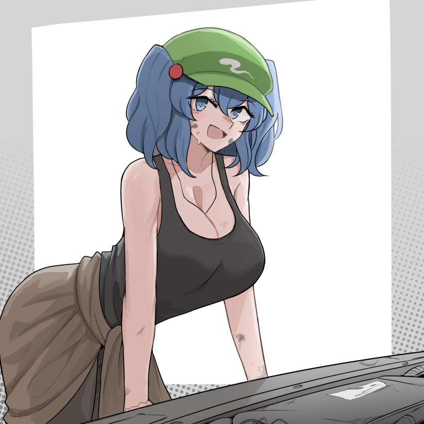 1girl :d black_tank_top blue_eyes blue_hair breasts brown_skirt cleavage commentary english_commentary flat_cap green_headwear hair_bobbles hair_ornament hat highres kawashiro_nitori large_breasts looking_at_viewer mata_(matasoup) open_mouth skirt smile solo stain sweat tank_top touhou two_side_up white_background