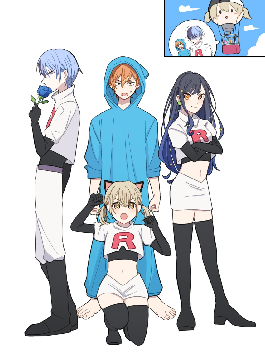 2boys 2girls absurdres animal_ears aoyagi_touya azusawa_kohane barefoot black_footwear black_gloves blue_flower blue_rose boots cat_ears cosplay flower gloves highres holding holding_flower james_(pokemon) james_(pokemon)_(cosplay) jessie_(pokemon) jessie_(pokemon)_(cosplay) kigurumi looking_at_viewer meowth meowth_(cosplay) multicolored_hair multiple_boys multiple_girls mykisnk open_mouth pants pokemon project_sekai rose shinonome_akito shiraishi_an shirt simple_background skirt split-color_hair sweat team_rocket thigh_boots vivid_bad_squad_(project_sekai) white_background white_pants white_shirt white_skirt wobbuffet wobbuffet_(cosplay) yellow_eyes