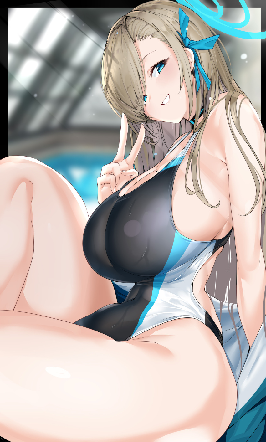 1girl absurdres asuna_(blue_archive) blue_archive blue_halo blue_jacket blurry blurry_background breasts choker competition_swimsuit grin halo highres huge_breasts indoors jacket light_brown_hair long_hair looking_at_viewer maruyaa_(malya1006) one-piece_swimsuit outside_border rei_no_pool smile solo swimsuit v wet