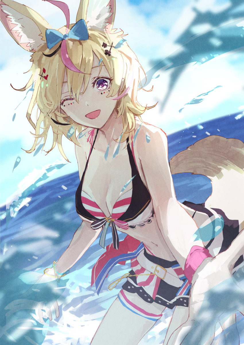 1girl ;d animal_ear_fluff animal_ears bikini bikini_skirt black_skirt blonde_hair bracelet club_hair_ornament diamond_hair_ornament dutch_angle facial_mark fox_ears fox_girl fox_tail front-tie_bikini_top front-tie_top hair_ornament hairclip heart heart-shaped_pupils heart_hair_ornament highres hololive hololive_summer_2023_swimsuit jewelry layered_bikini looking_at_viewer medium_hair multicolored_hair ocean official_alternate_costume omaru_polka one_eye_closed open_mouth pink_bikini pink_hair purple_eyes reaching reaching_towards_viewer skirt smile solo spade_hair_ornament splashing streaked_hair striped striped_bikini swimsuit symbol-shaped_pupils tail thigh_strap virtual_youtuber white_bikini yami_ara