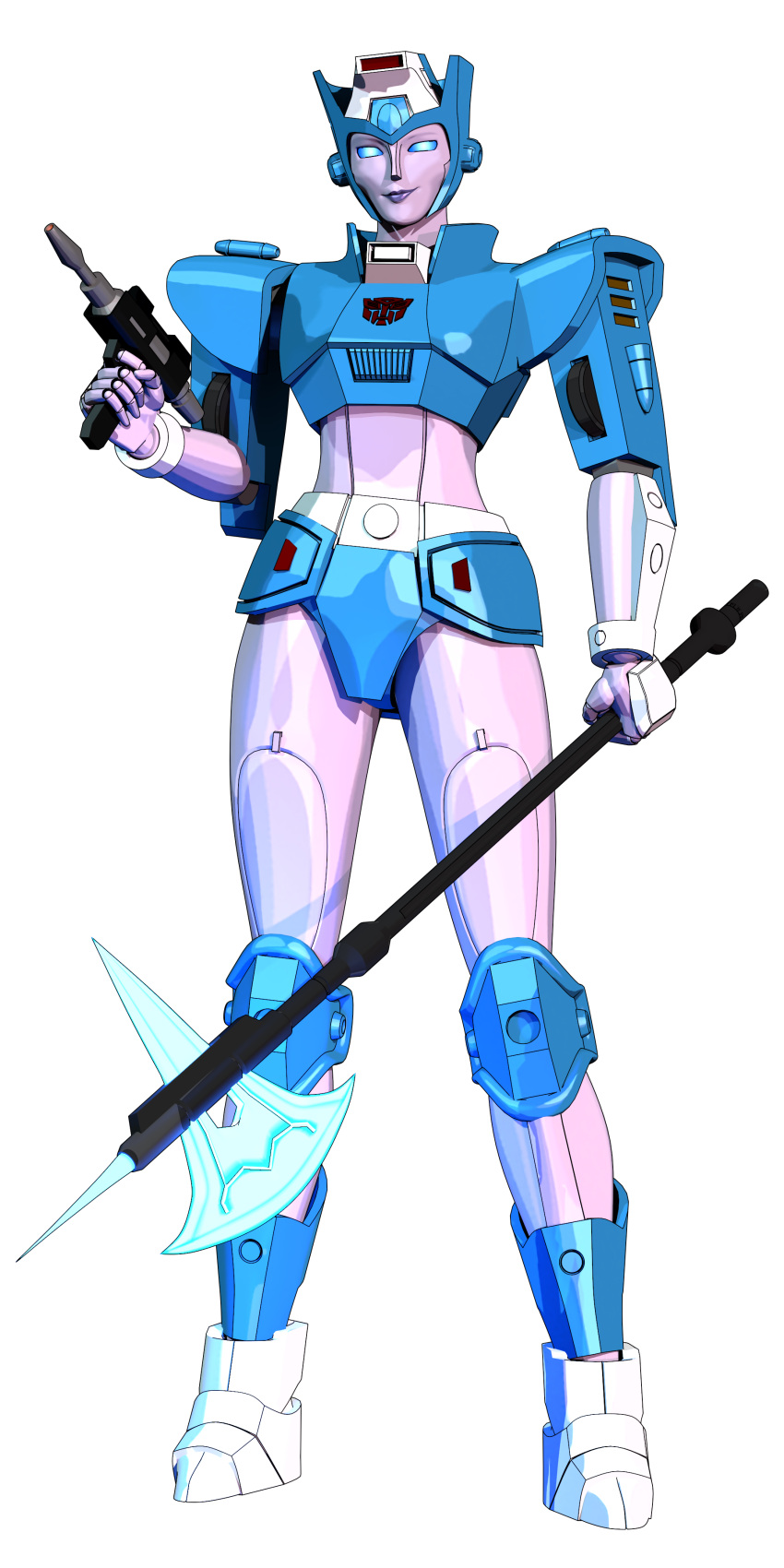 3d absurdres andypurro autobot axe battle_axe blender_(medium) blue_eyes blue_panties chromia energy_axe gun handgun helmet highres humanoid_robot insignia looking_at_viewer panties purple_lips robot robot_girl transformers transformers:_generation_1 underwear weapon