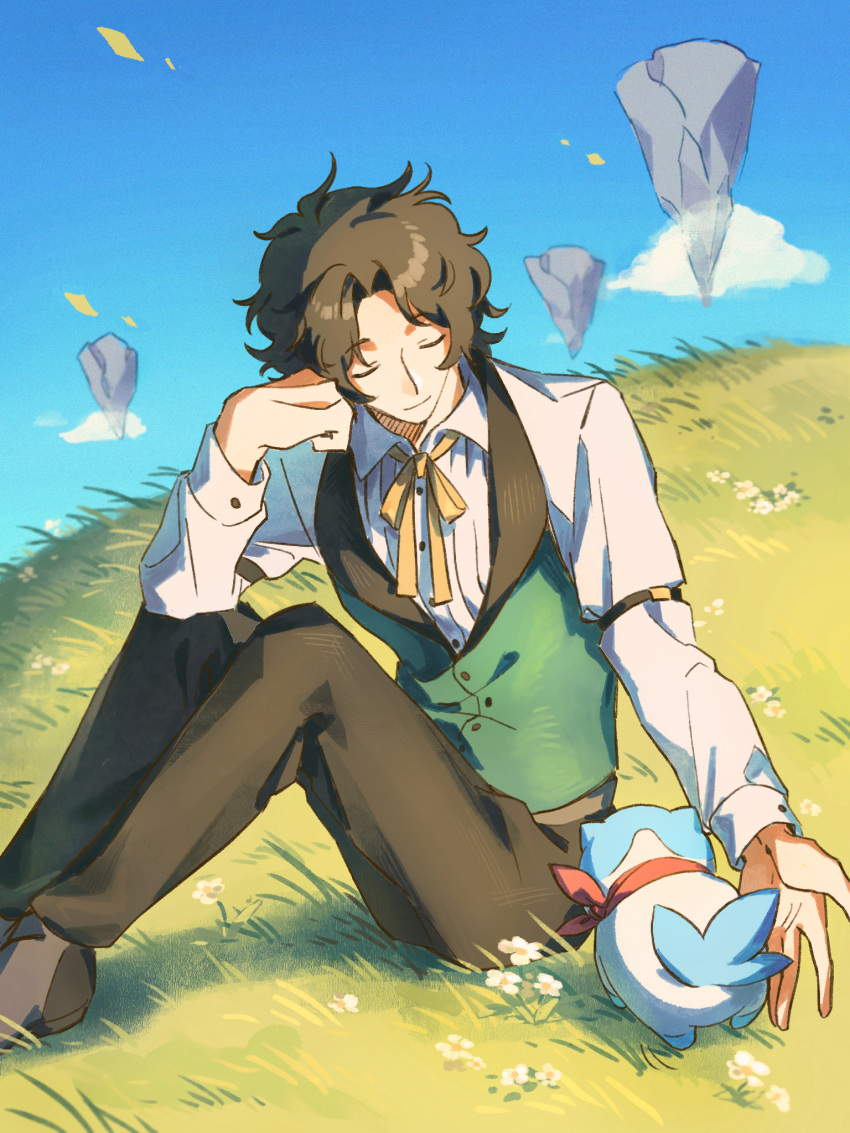 1boy black_hair buttons closed_eyes closed_mouth fire_emblem fire_emblem_engage grass hahahashagi highres long_sleeves louis_(fire_emblem) on_grass ribbon shirt short_hair sitting sky solo sommie_(fire_emblem) waistcoat white_shirt