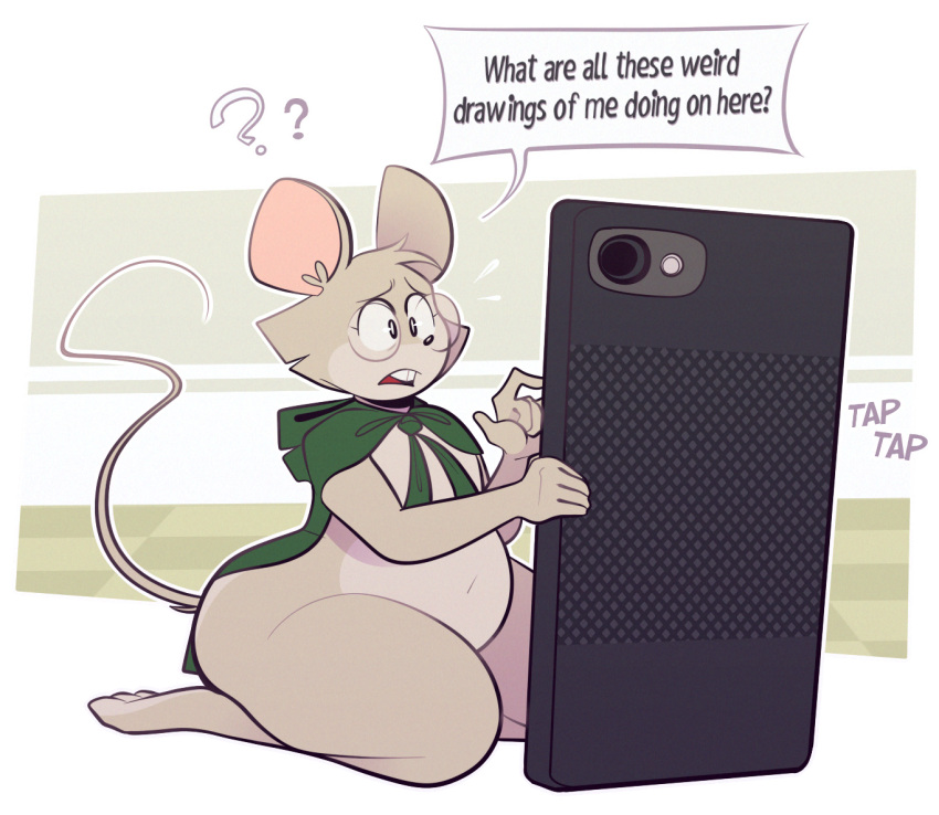 anthro belly black_nose cape cellphone clothing dialogue eyewear female glasses holding_object louise_thrushwood mammal mouse murid murine phone question_mark ridiculouscake rodent smartphone solo speech_bubble tail thick_thighs