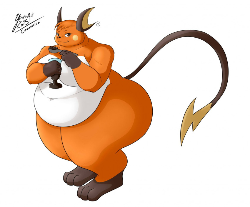 2015 anthro belly big_belly big_butt breasts butt cocoa_(cheesecaker) dessert eating female food fur generation_1_pokemon mammal mouse murid murine nintendo obese obese_anthro obese_female orange_body orange_fur overweight overweight_anthro overweight_female pikachu pokemon pokemon_(species) pudding raichu rodent simple_background solo standing thick_thighs white_background yina