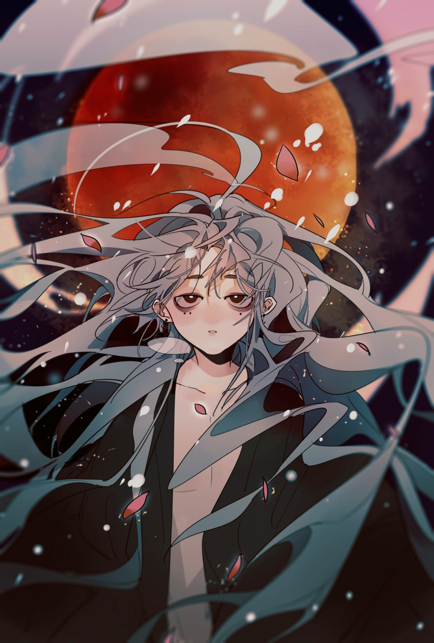 1boy absurdres bags_under_eyes black_coat blurry coat depth_of_field falling_petals floating_hair full_moon grey_hair highres light_particles long_hair long_sleeves looking_at_viewer male_focus mole mole_under_eye moon naked_coat night night_sky open_clothes original parted_lips petals red_moon sky smoke solo upper_body very_long_hair wenyiyuuuuu wind