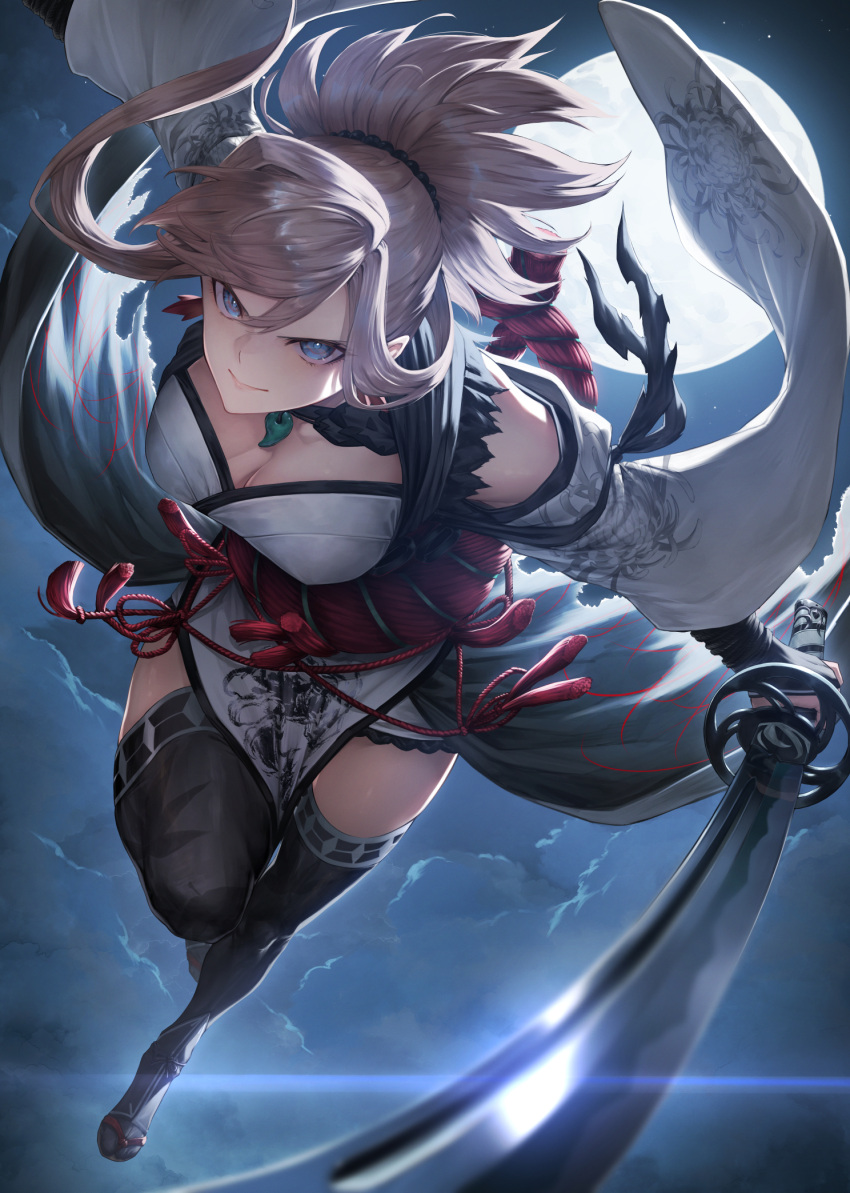 1girl airborne black_thighhighs blue_eyes breasts closed_mouth commentary_request detached_sleeves earrings fate/samurai_remnant fate_(series) foreshortening full_moon grey_hair grey_kimono grey_sleeves high_ponytail highres holding holding_sword holding_weapon japanese_clothes jewelry katana kimono large_breasts leaf_earrings leaning_forward looking_at_viewer miyamoto_musashi_(fate) moon mugetsu2501 night night_sky print_kimono rope sandals serious shimenawa sky sleeveless sleeveless_kimono solo sword thighhighs weapon wide_sleeves