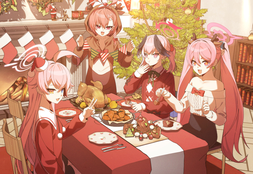 4girls absurdres ahoge animal_costume blue_archive blue_eyes blush braid cake christmas closed_mouth collarbone fang food fork hair_between_eyes halo hat highres holding holding_fork hoshino_(blue_archive) huge_ahoge hwaen koharu_(blue_archive) koyuki_(blue_archive) long_hair long_sleeves multiple_girls neru_(blue_archive) off-shoulder_sweater off_shoulder open_mouth pink_eyes pink_hair pink_halo pom_pom_(clothes) red_eyes red_hair red_headwear red_shirt reindeer_costume santa_hat shirt short_hair single_braid skin_fang smile sweater turkey_(food) twintails white_sweater yellow_eyes