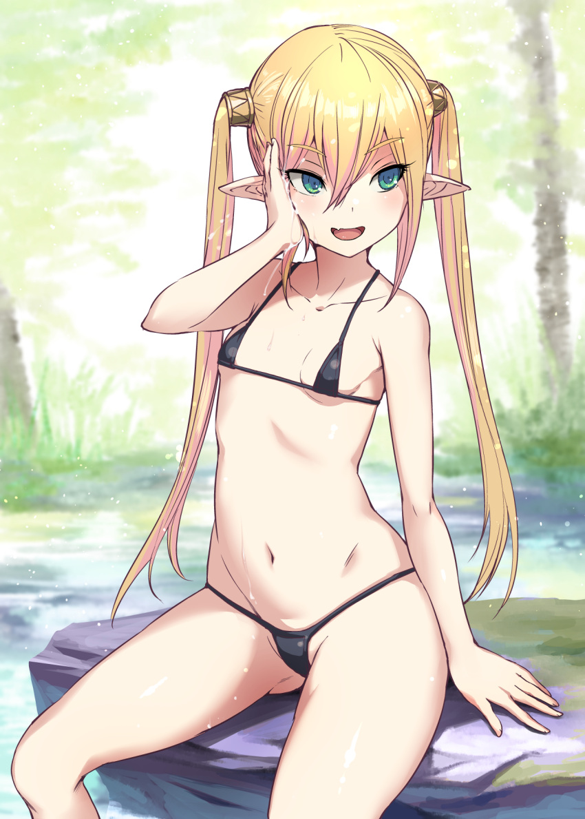 1girl :d arm_up ass_visible_through_thighs bikini black_bikini blonde_hair blush bosshi breasts collarbone copyright_request day elf feet_out_of_frame green_eyes hand_on_own_cheek hand_on_own_face highres long_hair looking_to_the_side micro_bikini navel open_mouth outdoors pointy_ears pond rock sitting small_breasts smile solo stomach swimsuit twintails v-shaped_eyebrows very_long_hair water