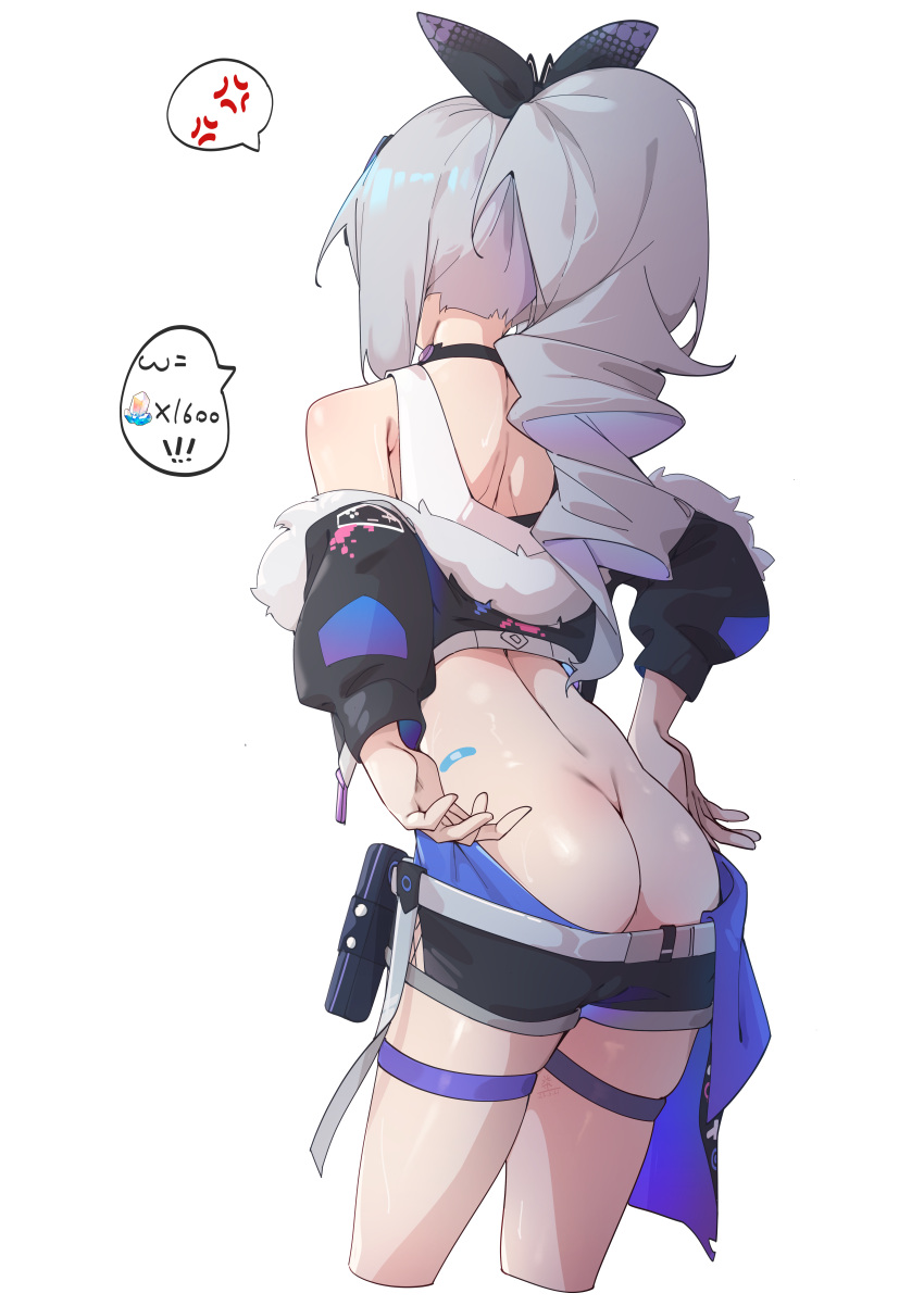 1girl absurdres anger_vein ass bandaid black_jacket black_shorts clothes_pull cropped_jacket cropped_legs drill_ponytail facing_away from_behind fur-trimmed_jacket fur_trim grey_hair highres hinanawi_mika honkai:_star_rail honkai_(series) jacket long_hair shorts shorts_pull silver_wolf_(honkai:_star_rail) simple_background solo speech_bubble spoken_anger_vein thigh_strap white_background