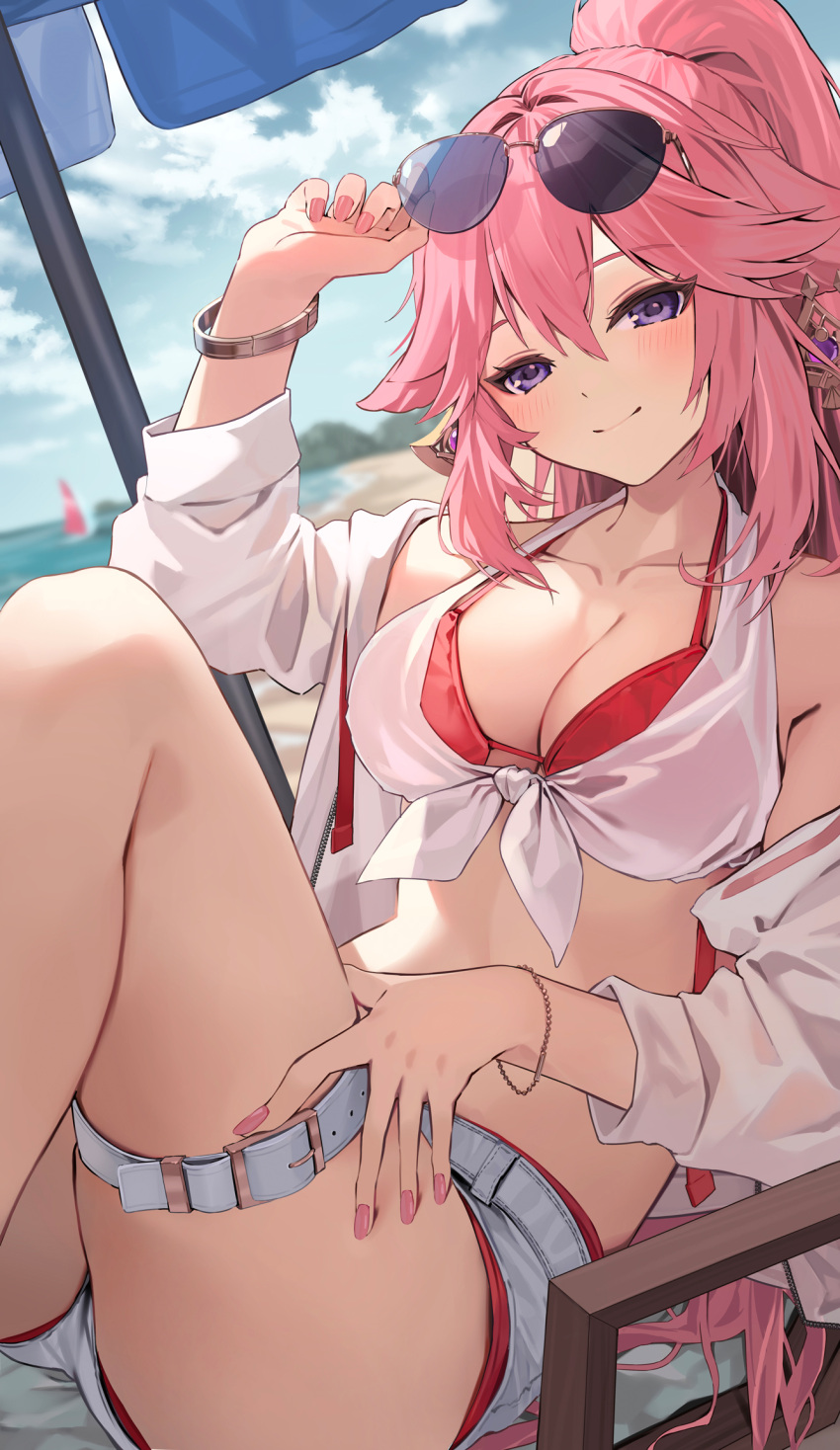 1girl animal_ears aviator_sunglasses bare_shoulders beach beach_chair beach_umbrella bikini bikini_under_clothes blurry blurry_background blush bracelet breasts cleavage cloud cloudy_sky collarbone denim denim_shorts earrings eyewear_on_head eyewear_removed floppy_ears fox_ears front-tie_top genshin_impact hair_between_eyes highres holding holding_removed_eyewear jacket jewelry knee_up large_breasts layered_shorts long_hair looking_at_viewer motto_(night_wear) nail_polish off_shoulder outdoors pink_hair pink_nails ponytail purple_eyes red_bikini red_shorts short_shorts shorts sitting sky smile solo sunglasses swimsuit thigh_strap thighs umbrella very_long_hair white_jacket yae_miko