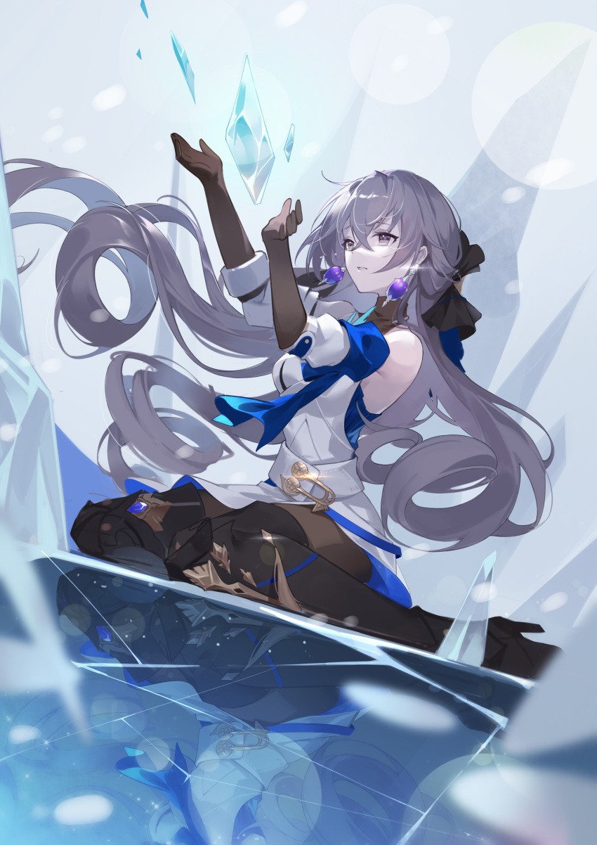 1girl absurdres bandana_around_arm black_gloves black_pantyhose boots breasts bronya_rand crossed_bangs detached_sleeves dress drill_hair earrings elbow_gloves gloves grey_eyes grey_hair hair_between_eyes hair_ornament highres honkai:_star_rail honkai_(series) ice_crystal ice_shard jewelry long_hair medium_breasts pantyhose reflective_floor sitting solo tears thigh_boots two-tone_dress wariza white_dress woodylixx