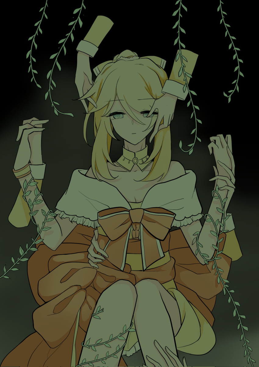 aku_no_musume_(vocaloid) alternate_hair_length alternate_hairstyle bare_shoulders blonde_hair bow bracelet breasts choker cleavage detached_collar disembodied_limb dress dress_bow evillious_nendaiki frilled_dress frills green_eyes half-closed_eyes hand_on_another's_face hand_on_another's_leg highres holding_another's_wrist interlocked_fingers jewelry kagamine_rin off-shoulder_dress off_shoulder orange_bow orange_ribbon parted_lips plant ribbon riliane_lucifen_d'autriche sidelocks single_bare_arm vines vocaloid yellow_choker yellow_dress