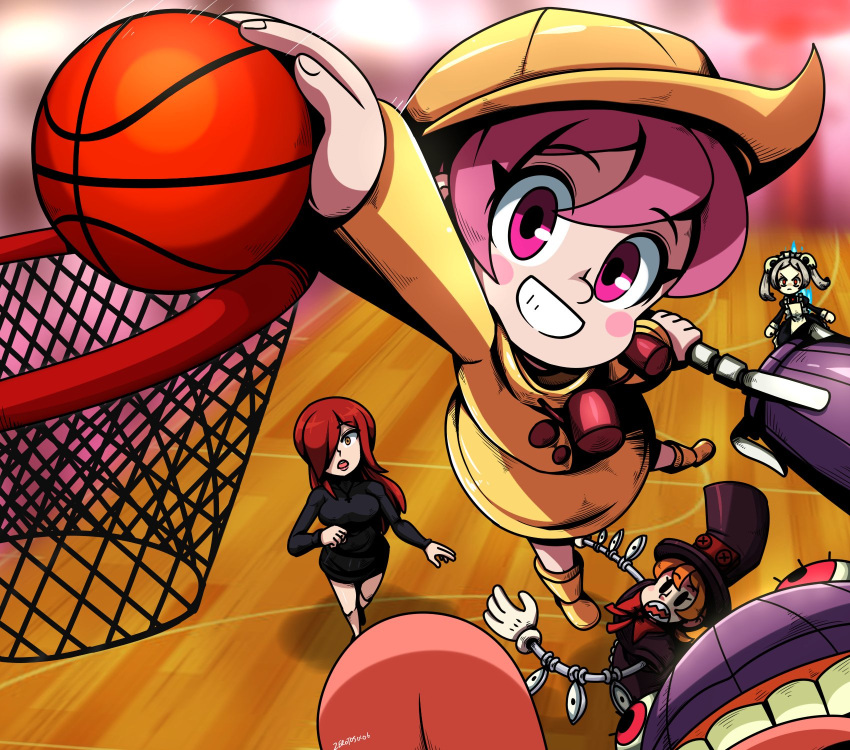 4girls ball basketball_(object) basketball_court bloody_marie_(skullgirls) blurry blurry_background blush commission dress extra_eyes eye_socket glaring grey_hair hair_ornament hat highres holding holding_ball hungern_(skullgirls) indoors jumping long_hair looking_at_another maid_headdress mechanical_arms multiple_girls parasoul_(skullgirls) peacock_(skullgirls) playing_sports red_eyes red_hair second-party_source sharp_teeth short_hair skull_hair_ornament skullgirls smile surprised teeth top_hat turtleneck twintails yellow_dress yellow_headwear yellow_raincoat zerotosix06