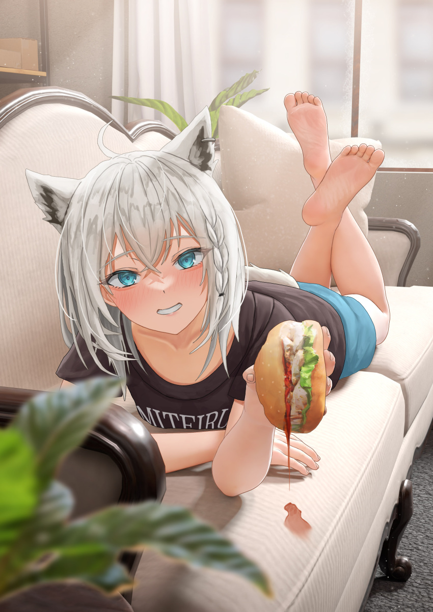 1girl 3d_background absurdres ahoge andy2465 animal_ears barefoot blue_eyes blush commentary couch english_commentary english_text feet feet_up food fox_ears fox_girl fox_tail grin highres holding holding_food hololive looking_at_viewer lying mixed-language_commentary on_couch on_stomach shirakami_fubuki smile soles solo spill tail textless_version the_pose toes virtual_youtuber white_hair