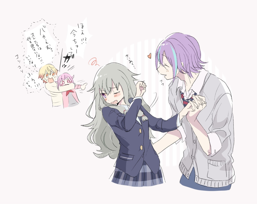 2boys 2girls aqua_hair blazer blonde_hair blush buttons cardigan closed_eyes commentary_request cowboy_shot diagonal-striped_necktie gradient_hair green_hair grey_cardigan heart highres jacket kamishiro_rui kamiyama_high_school_uniform_(project_sekai) kusanagi_nene long_hair long_sleeves miyamasuzaka_girls'_academy_school_uniform momomo_(m0_3) multicolored_hair multiple_boys multiple_girls neckerchief one_eye_closed ootori_emu open_mouth orange_eyes orange_hair pink_cardigan pink_eyes pink_hair plaid plaid_skirt pocket project_sekai purple_eyes purple_hair red_neckerchief school_uniform short_hair skirt sleeves_rolled_up streaked_hair tenma_tsukasa translation_request wonderlands_x_showtime_(project_sekai) yellow_cardigan