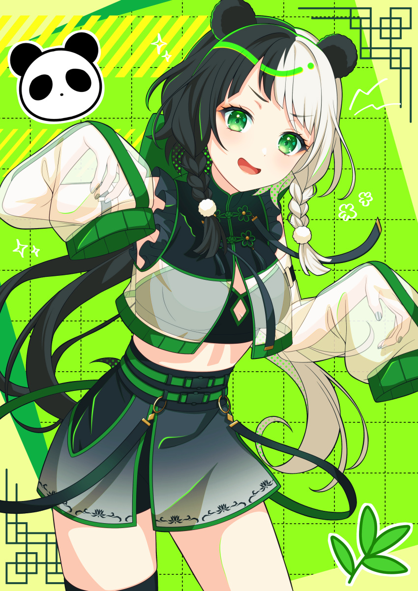 1girl absurdres animal_ears black_hair braid breasts chinese_clothes crop_top green_background hair_between_eyes hair_ornament highres long_sleeves medium_breasts multicolored_hair open_mouth original panda panda_ears panda_girl pochimaru_(marumaru_wanwan) single_thighhigh skirt smile solo thighhighs tongue twin_braids two-tone_hair white_hair