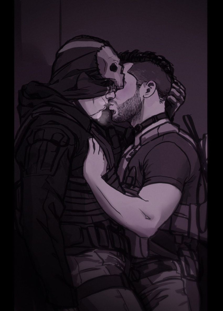 2boys bara beard_stubble blush breath call_of_duty call_of_duty:_modern_warfare_2 captoraart couple denim feet_out_of_frame ghost_(modern_warfare_2) hand_on_another's_chest highres imminent_kiss in_locker jeans male_focus mask mask_pull mature_male monochrome multiple_boys mustache_stubble pants pectorals pink_theme playing_with_another's_hair short_hair sideburns skull_mask soap_(modern_warfare_2) yaoi