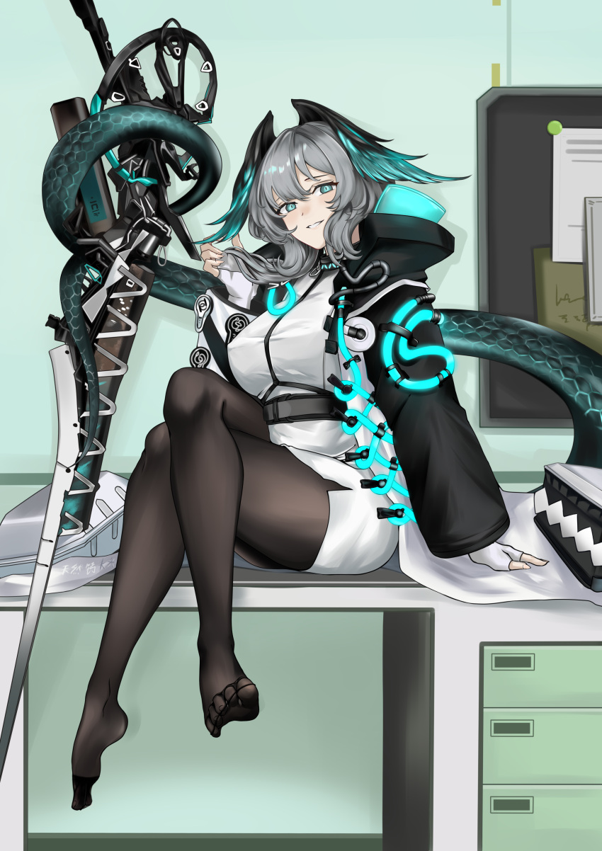 1girl absurdres arknights asymmetrical_sleeves black_pantyhose breasts bulletin_board coat crossed_legs desk dorsiflexion dress feathered_wings feet fine_fabric_emphasis fingerless_gloves gloves grey_hair hair_between_eyes head_wings highres ho'olheyak_(arknights) holding holding_staff holding_with_tail infection_monitor_(arknights) large_breasts legs long_coat long_sleeves long_tail looking_at_viewer mismatched_sleeves no_shoes on_desk open_clothes open_coat pantyhose parted_lips pencil_dress prehensile_tail sitting sitting_on_desk snake_tail solo staff tail toes trg_datou two-tone_wings white_dress white_gloves wings