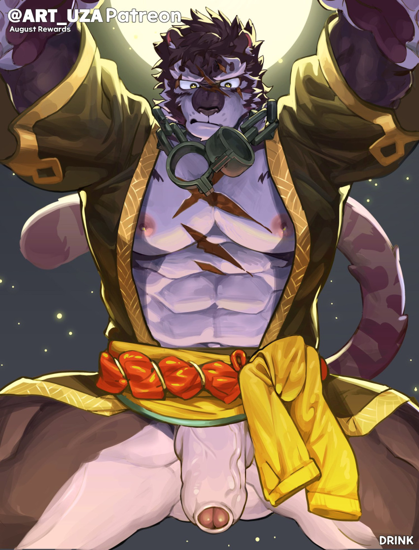 1boy abs animal_ears ass_visible_through_thighs bara bare_pectorals bottomless flaccid foreskin full_moon furry furry_male grey_fur grin highres large_pectorals looking_at_penis male_focus mature_male moon muscular muscular_male navel night night_sky nipples official_alternate_costume paid_reward_available pectorals penis pov scar scar_on_chest sdorica short_hair sky smile solo stomach taker_pov thick_eyebrows thick_thighs thighs tiger_boy tiger_ears uza_(hellme) veins veiny_penis yao_(sdorica)