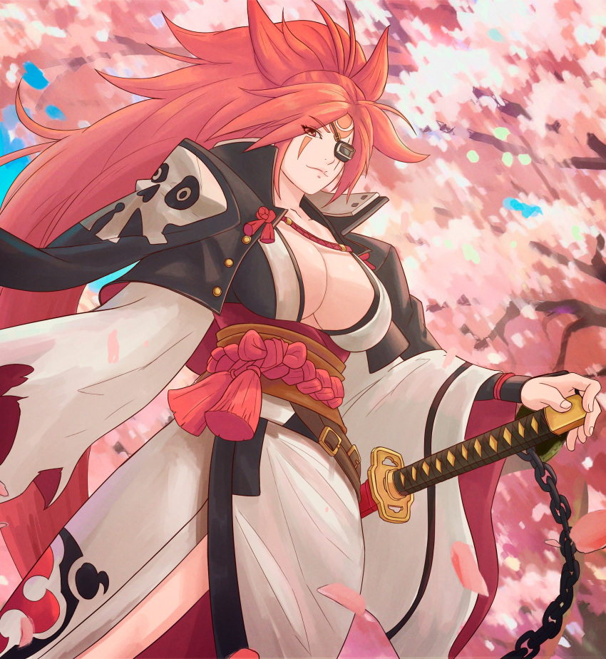 1girl absurdres amputee baiken big_hair black_jacket black_kimono breasts cherry_blossoms eyepatch facial_tattoo guilty_gear guilty_gear_xrd highres jacket jacket_on_shoulders japanese_clothes kataginu katana kimono large_breasts long_hair long_sleeves looking_at_viewer multicolored_clothes multicolored_kimono one-eyed open_clothes open_kimono petals ponytail red_eyes red_hair samurai scar scar_across_eye scar_on_face smile sword tattoo torn_sleeve truejekart weapon