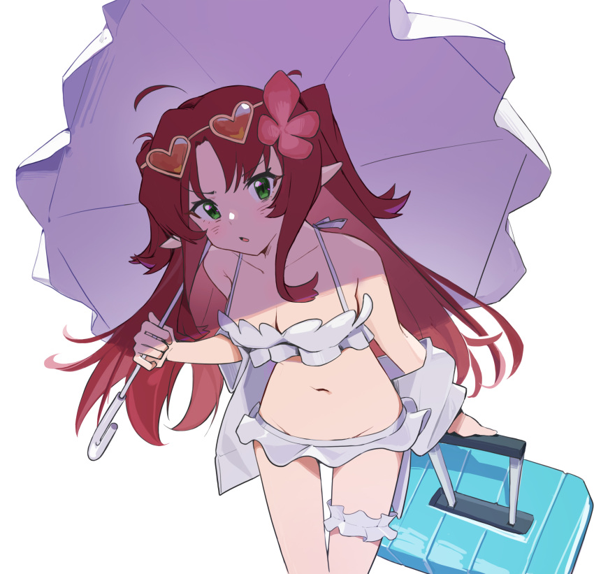 1girl absurdres arknights bare_shoulders bikini breasts brown-framed_eyewear brown-tinted_eyewear brown_hair cleavage collarbone commentary eyewear_on_head frilled_umbrella frills green_eyes grey_bikini grey_jacket groin heart heart-shaped_eyewear highres holding holding_umbrella jacket ki26 long_hair long_sleeves looking_at_viewer medium_breasts myrtle_(arknights) myrtle_(summer_flowers)_(arknights) off_shoulder official_alternate_costume open_clothes open_jacket parted_bangs parted_lips pointy_ears sidelocks simple_background solo swimsuit symbol-only_commentary tinted_eyewear two_side_up umbrella very_long_hair white_background white_umbrella