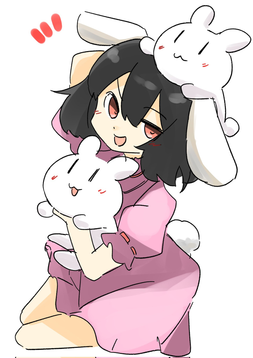 1girl :d animal animal_ears animal_on_head black_hair dress highres holding holding_animal inaba_mob_(touhou) inaba_tewi kyoroniki looking_at_viewer on_head open_mouth pink_dress pink_eyes rabbit rabbit_ears rabbit_girl rabbit_tail short_hair short_sleeves simple_background smile solo tail touhou white_background