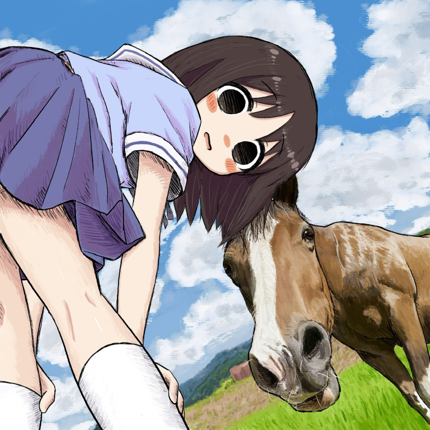 1girl animal azumanga_daioh azumanga_daioh's_school_uniform bent_over black_eyes black_hair blue_serafuku blue_skirt blue_sky blush_stickers bubbacterial cloud cloudy_sky day grass highres horse kasuga_ayumu kneehighs kneepits looking_at_viewer mountainous_horizon no_pupils open_mouth outdoors pleated_skirt rural sailor_collar school_uniform serafuku short_sleeves skirt sky socks white_sailor_collar white_socks