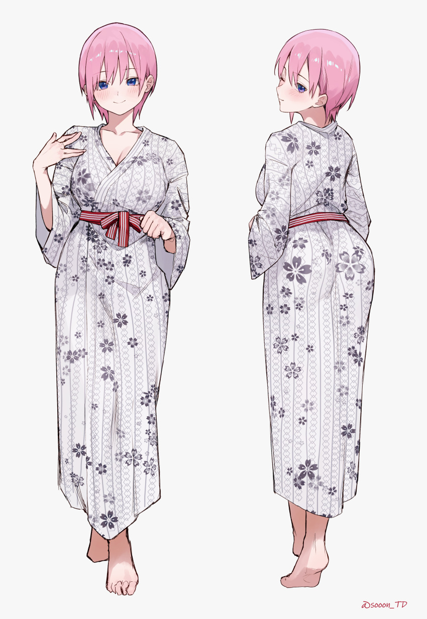 1girl absurdres alternate_costume artist_name ass barefoot breasts cherry_blossom_print cleavage closed_mouth collarbone commentary_request english_commentary eyelashes feet floral_print from_behind full_body go-toubun_no_hanayome grey_background grey_kimono hand_up heel_up highres japanese_clothes kimono large_breasts looking_back mixed-language_commentary multiple_views nakano_ichika one_eye_closed pink_hair print_kimono purple_eyes red_sash sash short_hair simple_background soles sooon standing toes yukata