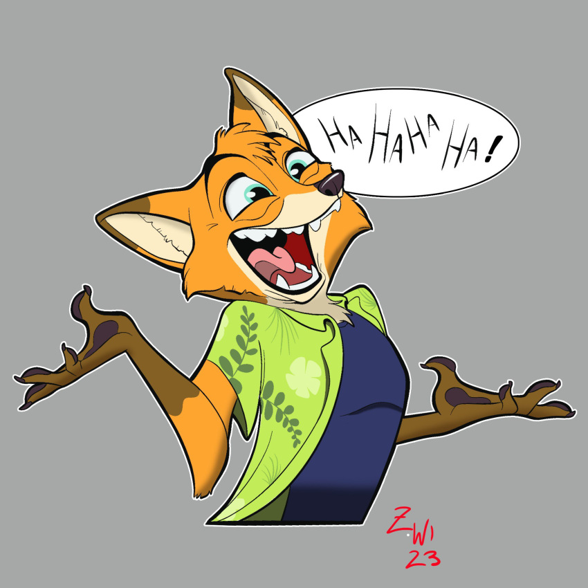 aloha_shirt anthro black_pawpads brown_body brown_fur canid canine cheek_tuft clothing dialogue disney english_text facial_tuft fangs fox fur grey_background half-closed_eyes hi_res laugh male mammal narrowed_eyes nick_wilde open_mouth open_smile orange_body orange_fur pattern_clothing pattern_shirt pattern_topwear pawpads paws shirt simple_background smile solo speech_bubble teeth text topwear tuft white_body white_fur zephyriwolf zootopia