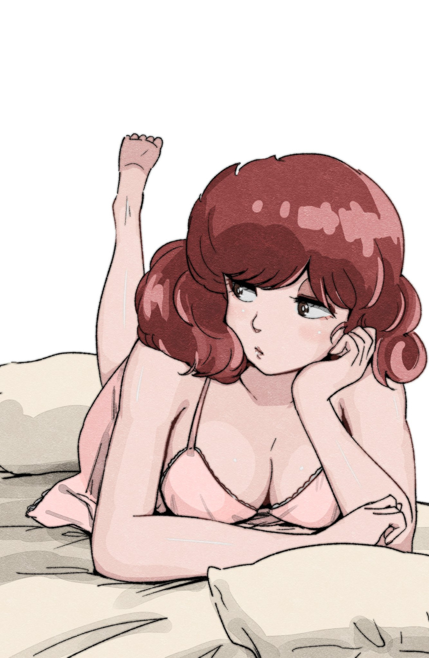 1girl barefoot bed blush breasts brown_eyes cleavage curly_hair eyeshadow hand_on_own_cheek hand_on_own_face highres lace_trim leg_up lingerie looking_to_the_side lying maison_ikkoku makeup nightgown on_bed on_stomach pillow pink_nightgown poppowerhearts red_hair roppongi_akemi solo underwear white_background