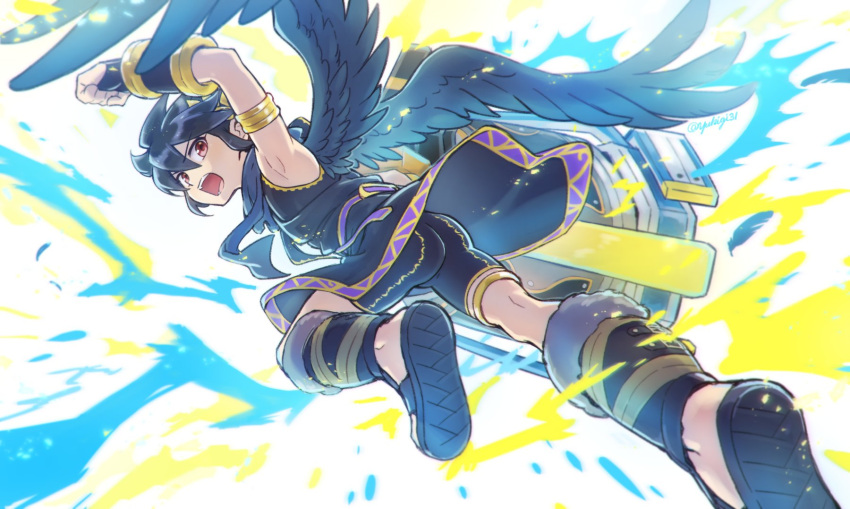 1boy angel angel_wings armband armlet bike_shorts black_hair black_wings clenched_hand commentary_request dark_pit feathered_wings highres kid_icarus kid_icarus_uprising looking_at_viewer male_focus open_mouth red_eyes signature solo white_background wings yukigi