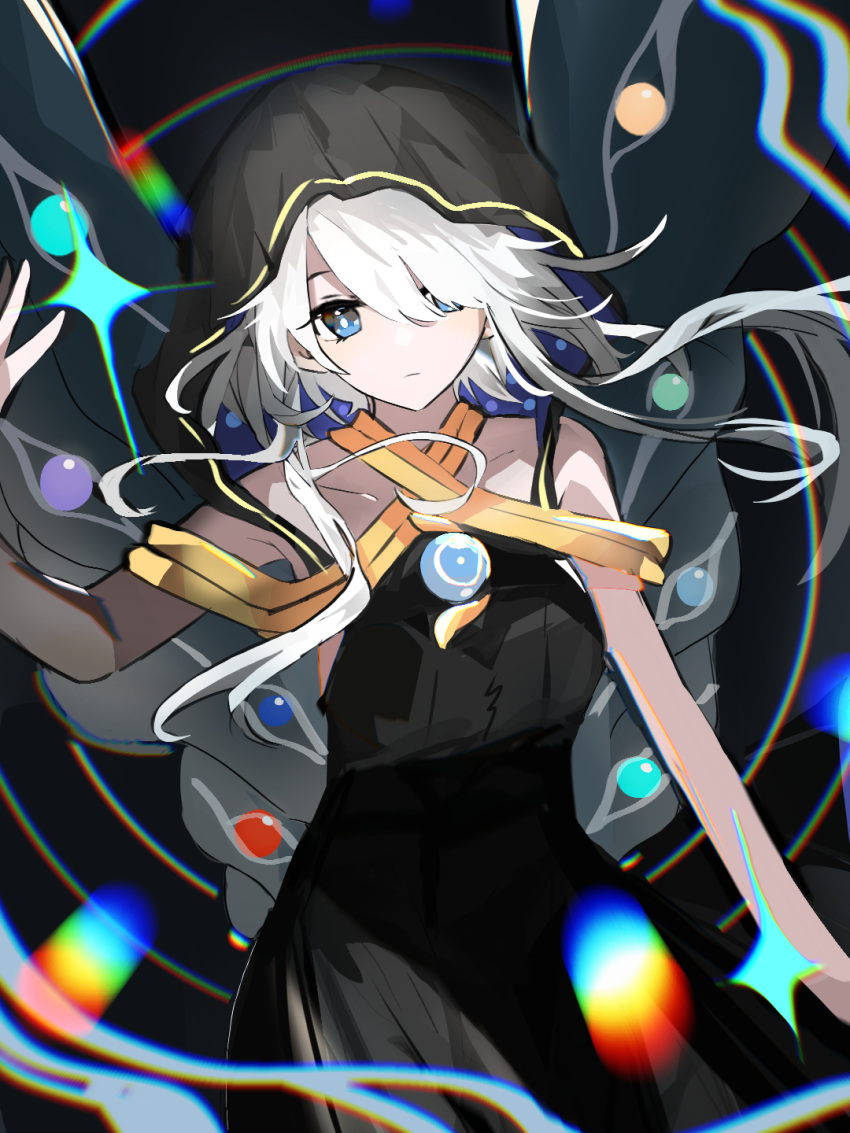 1girl black_dress black_wings blue_eyes chinese_commentary commentary_request dress emmm genshin_impact hair_over_one_eye highres hood hood_up istaroth_(genshin_impact) long_dress short_hair_with_long_locks solo swept_bangs white_hair wings