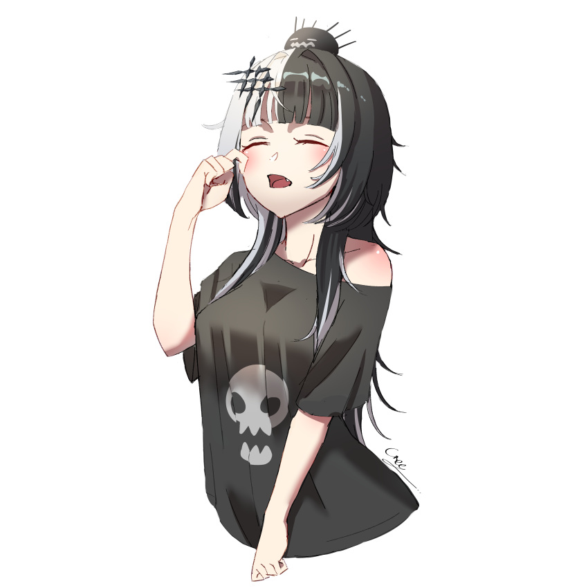 1girl absurdres black_hair black_shirt hair_ornament highres holoadvent hololive hololive_english multicolored_hair shiori_novella shirt two-tone_hair user_hvky2825 virtual_youtuber white_background white_hair yawning yorick_(shiori_novella)