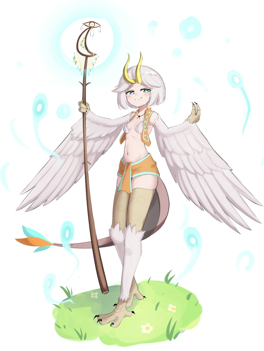 1girl bird_legs blush breasts claws commentary english_commentary feathered_wings flower-shaped_pupils glowing_staff grass green_eyes grey_hair grey_wings harpy highres holding holding_staff horns monster_girl navel orange_vest original revealing_clothes short_hair sifserf small_breasts smile solo staff standing symbol-shaped_pupils tail talons vest white_background winged_arms wings