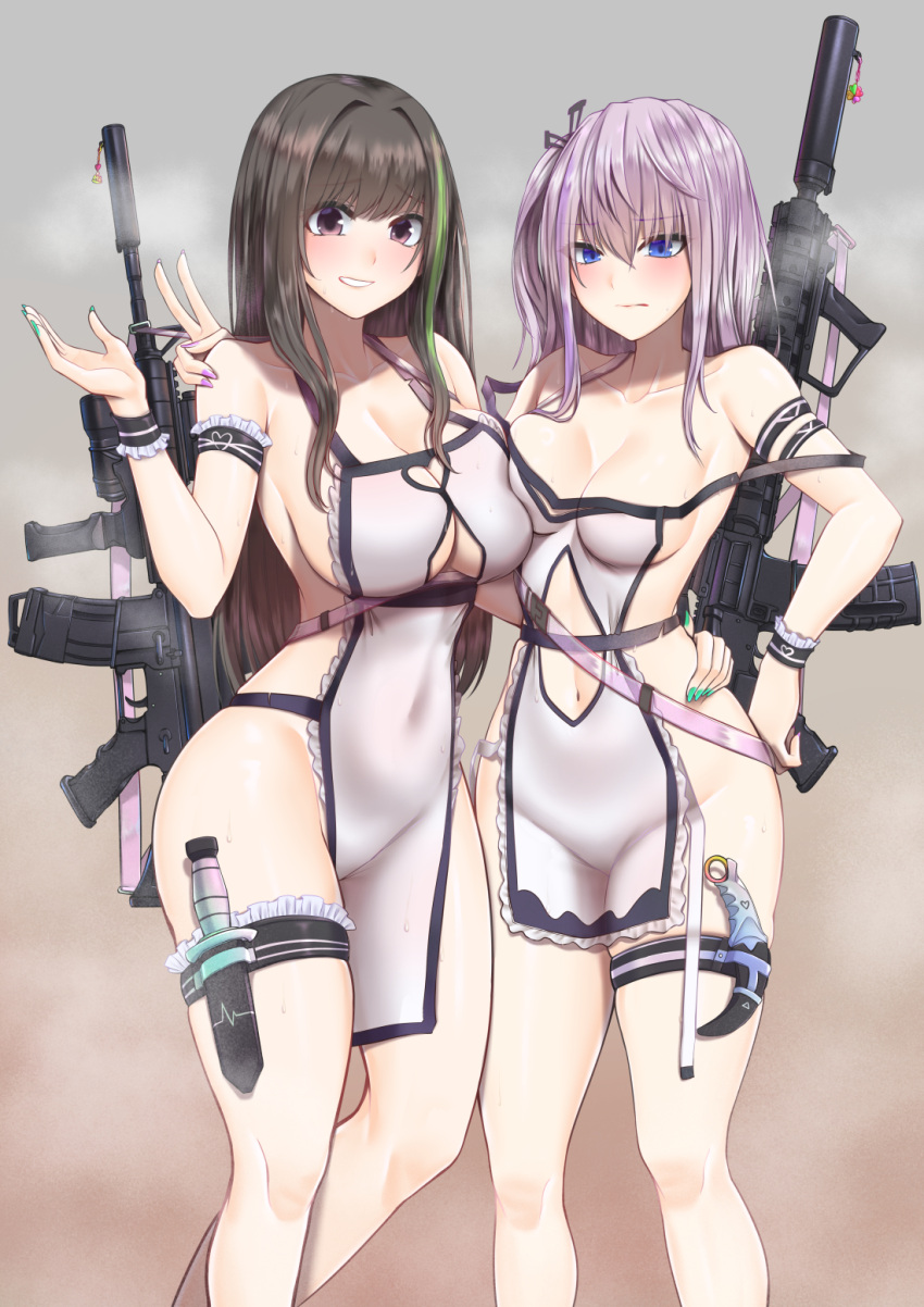 2girls arm_strap bare_shoulders black_hair blue_eyes blush breasts chinese_commentary cleavage closed_mouth clothing_cutout collarbone commentary_request girls'_frontline green_hair green_nails gun hand_on_another's_hip hand_on_another's_shoulder highres knife large_breasts looking_at_viewer m4a1_(girls'_frontline) multicolored_hair multiple_girls nail_polish navel navel_cutout parted_lips popoman purple_eyes purple_hair purple_nails smile st_ar-15_(girls'_frontline) standing streaked_hair thigh_strap thighs weapon
