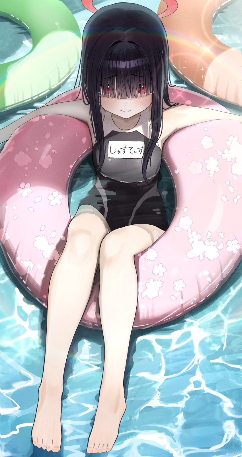 1girl absurdres alternate_costume black_hair blue_archive blush breasts eyes_visible_through_hair halo hidulume highres hime_cut innertube justice_task_force_member_(blue_archive) long_hair looking_at_viewer outstretched_arms pool red_eyes school_swimsuit small_breasts smile solo spread_arms swimsuit tears trinity_general_school_swimsuit wet