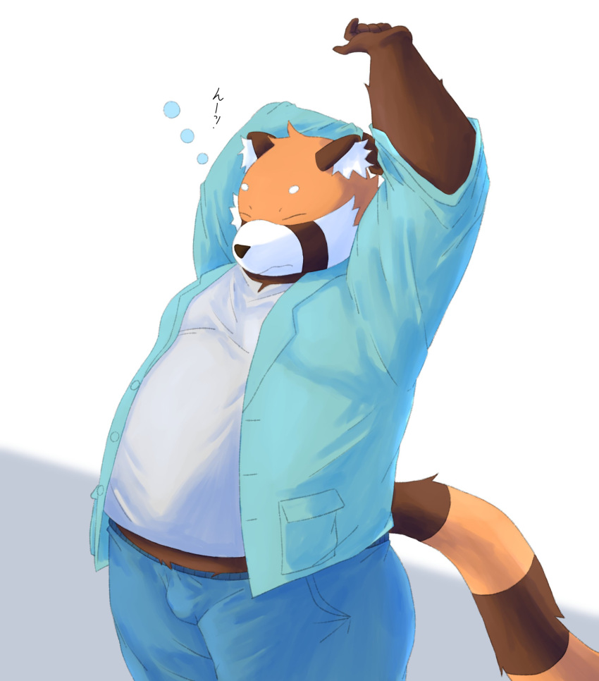 2023 absurd_res ailurid anthro bari_mu bottomwear brown_body clothing eyes_closed hi_res humanoid_hands kemono male mammal overweight overweight_male pants red_panda shirt simple_background solo stretching topwear