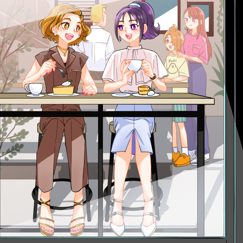 2boys 3girls asymmetrical_bangs blue_pants blue_skirt bright_pupils brown_eyes brown_hair brown_pants brown_shirt bunbee_(yes!_precure_5) casual clothes_writing commentary cup earrings food fork futari_wa_precure_splash_star green_shorts hair_ornament hair_over_one_eye hair_tie hairclip hands_on_another's_shoulders high-waist_pants hijiri_ageha hirogaru_sky!_precure holding holding_cup holding_fork hyuuga_saki indoors jewelry kibou_no_chikara_~otona_precure_'23~ long_hair looking_at_another medium_hair medium_skirt mishou_mai monster_rally multiple_boys multiple_girls nail_polish necklace open_mouth orange_eyes orange_hair pants pencil_skirt pie pink_shirt ponytail precure print_shirt purple_eyes purple_hair purple_nails romaji_text sandals saucer series_connection shirt short_hair short_sleeves shorts sitting skirt sleeveless sleeveless_shirt smile striped striped_shorts t-shirt teacup toenail_polish toenails vertical-striped_shorts vertical_stripes watch wavy_hair white_footwear white_pupils white_shirt wristwatch yellow_shirt yuunagi_tsubasa