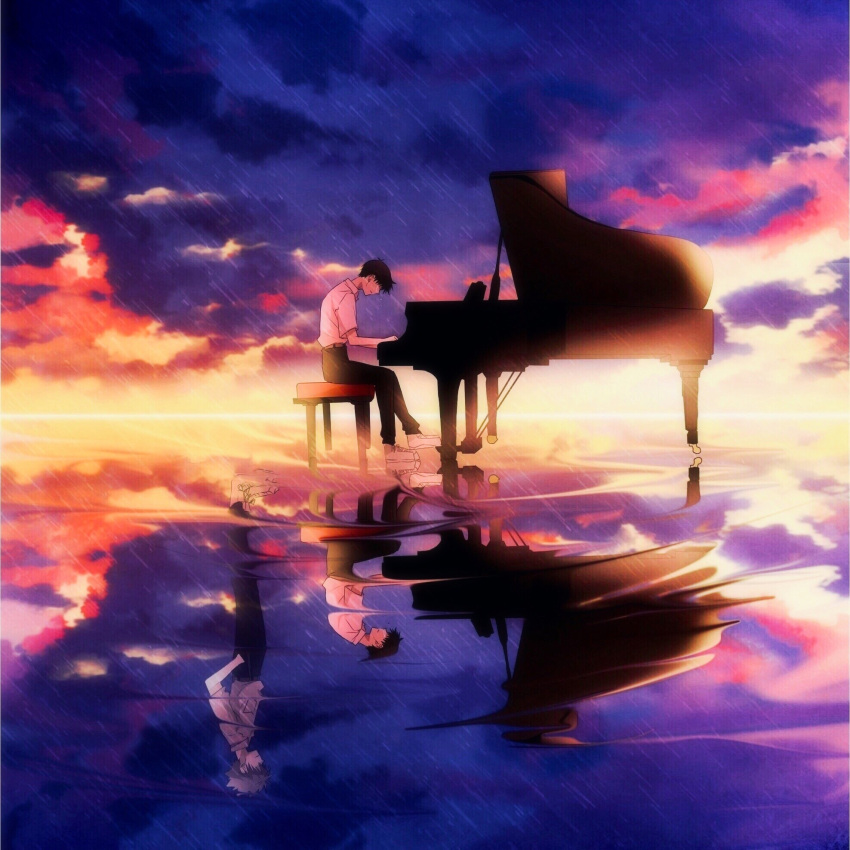 2boys belt black_pants brown_belt brown_hair cloud cloudy_sky collared_shirt full_body grey_hair highres ikari_shinji instrument looking_at_another male_focus multiple_boys music nagisa_kaworu neon_genesis_evangelion pants piano piano_bench playing_instrument playing_piano rain shirt short_hair short_sleeves sitting sky tousok unhappy white_shirt