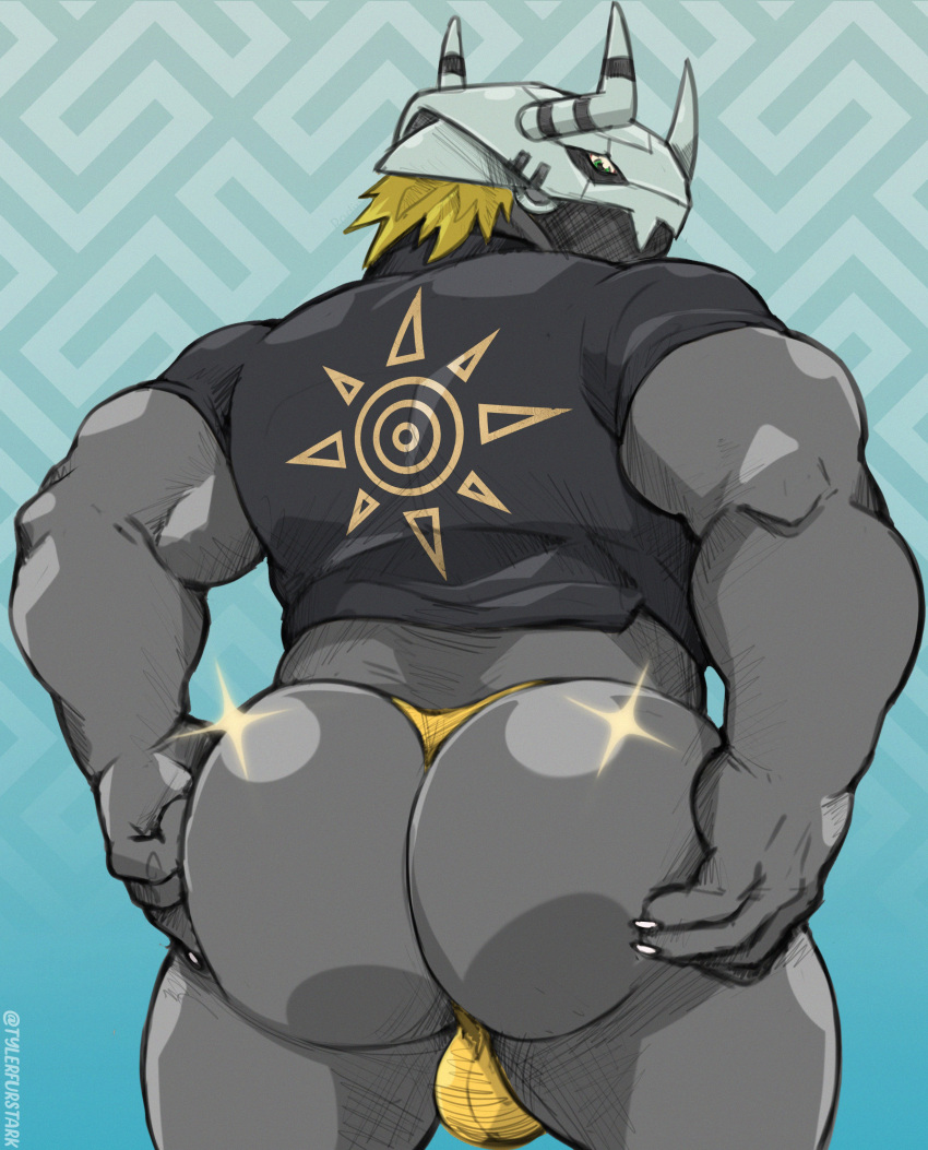 absurd_res anthro armor bandai_namco biceps big_butt blackwargreymon blonde_hair bulge butt clothing digimon digimon_(species) hair headgear helmet hi_res holding_butt looking_back male muscular muscular_anthro muscular_male scalie shirt solo t-shirt thong topwear tylerstark underwear