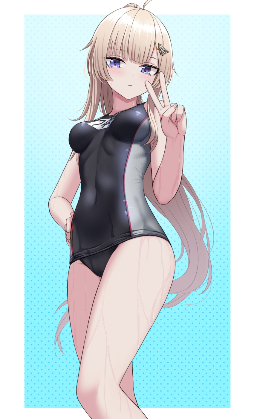 1girl absurdres ahoge ak74m_(girls'_frontline) ak74m_(trident_and_fish_slicer)_(girls'_frontline) bare_legs bare_shoulders black_one-piece_swimsuit blonde_hair blue_background blue_eyes blush breasts closed_mouth covered_navel girls'_frontline hair_between_eyes hair_ornament hand_on_own_hip highres legs long_hair looking_at_viewer medium_breasts official_alternate_costume one-piece_swimsuit school_swimsuit simple_background snowflake_hair_ornament solo swimsuit two-tone_swimsuit v water_drop wet yakob_labo