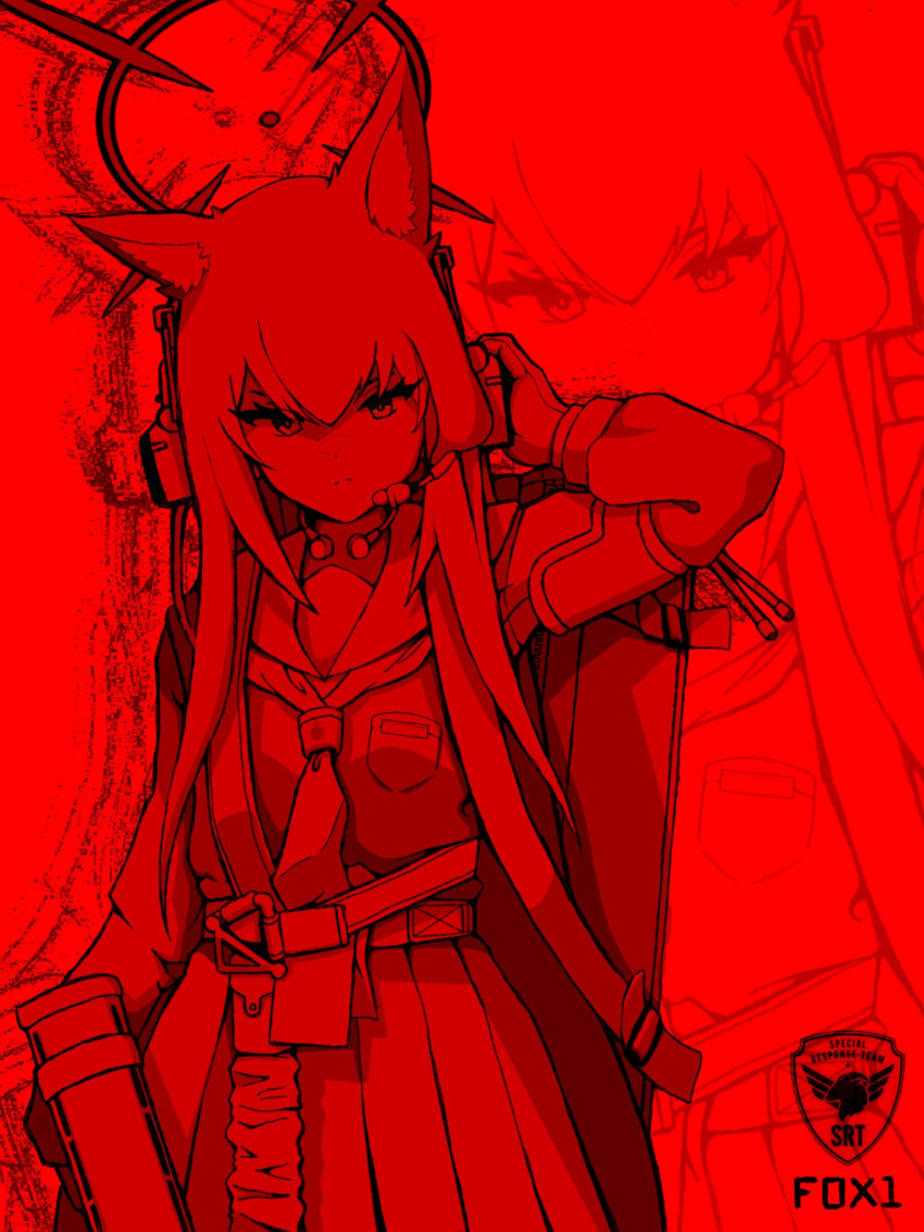 1girl animal_ear_fluff animal_ears arm_up bag belt blue_archive breast_pocket breasts closed_mouth english_text frown gloves gun halo headset highres holding holding_gun holding_weapon long_hair long_sleeves looking_at_viewer microphone monochrome necktie pocket pouch red_theme sailor_collar school_bag shirt shirt_tucked_in skirt small_breasts solo uni_gyoza v-shaped_eyebrows weapon yukino_(blue_archive)