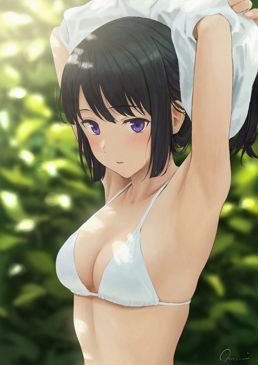 1girl armpits arms_behind_head arms_up artist_name bikini black_hair blunt_tresses blurry blush breasts clothes_lift commentary_request crossed_arms dappled_sunlight day depth_of_field hibike!_euphonium highres kousaka_reina lifted_by_self long_hair looking_at_viewer omoneri outdoors parted_lips purple_eyes shirt shirt_lift sidelocks signature small_breasts solo string_bikini sunlight swimsuit undressing upper_body vegetation white_bikini white_shirt