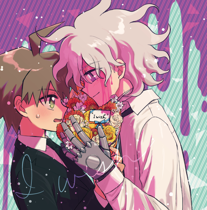 2boys absurdres black_jacket black_necktie blood blood_on_face blush collared_shirt d: danganronpa:_trigger_happy_havoc danganronpa_(series) danganronpa_2:_goodbye_despair eye_contact formal from_side grey_hair hand_up highres jacket komaeda_nagito long_sleeves looking_at_another messy_hair misoko_(toomuchsushi) multiple_boys naegi_makoto necktie pink_blood shirt smile striped striped_background sweatdrop white_shirt yaoi