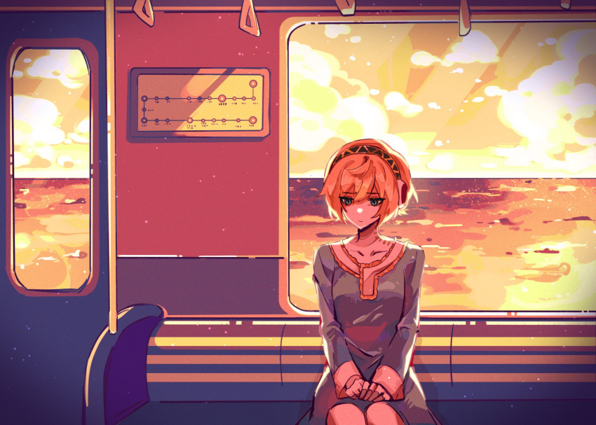 1girl aegis_(persona) android blonde_hair blue_dress blue_eyes cloud cloudy_sky dress emi_star frilled_dress frills hand_grip highres looking_down ocean own_hands_together persona persona_3 reflection reflective_water sad short_hair sitting sky solo sunset train_interior upper_body vignetting