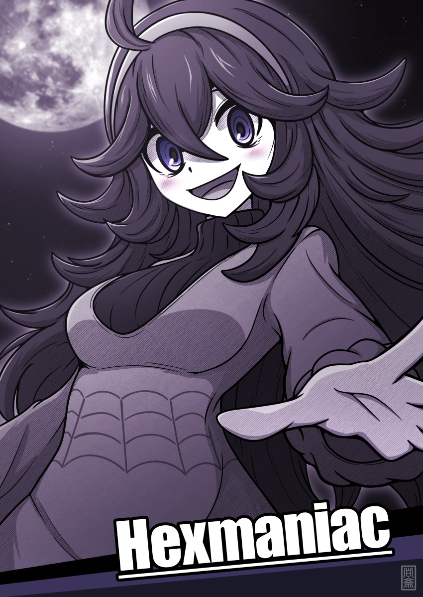 1girl :d absurdres ahoge blush breasts character_name commentary_request dress hair_between_eyes hairband hakusai_(user_nkkd7242) hex_maniac_(pokemon) highres long_sleeves looking_down moon night open_mouth outdoors pokemon pokemon_(game) pokemon_xy purple_eyes sky smile spread_fingers tongue